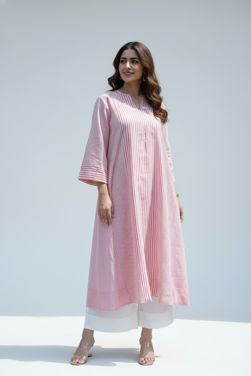 Elegant Pink Striped Kurta with White Palazzo Set